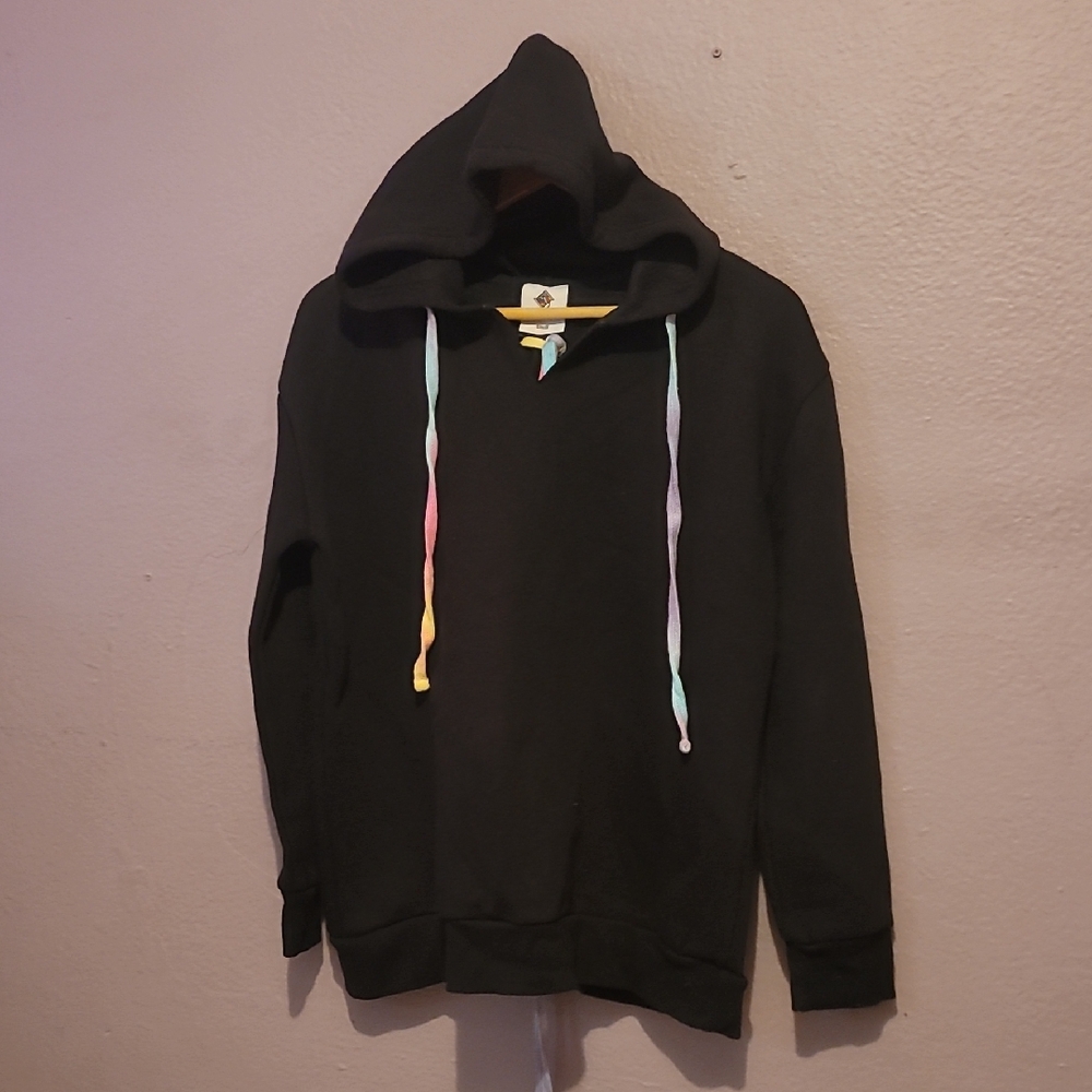 Cozy Black Hoodie with Multicolor Drawstrings